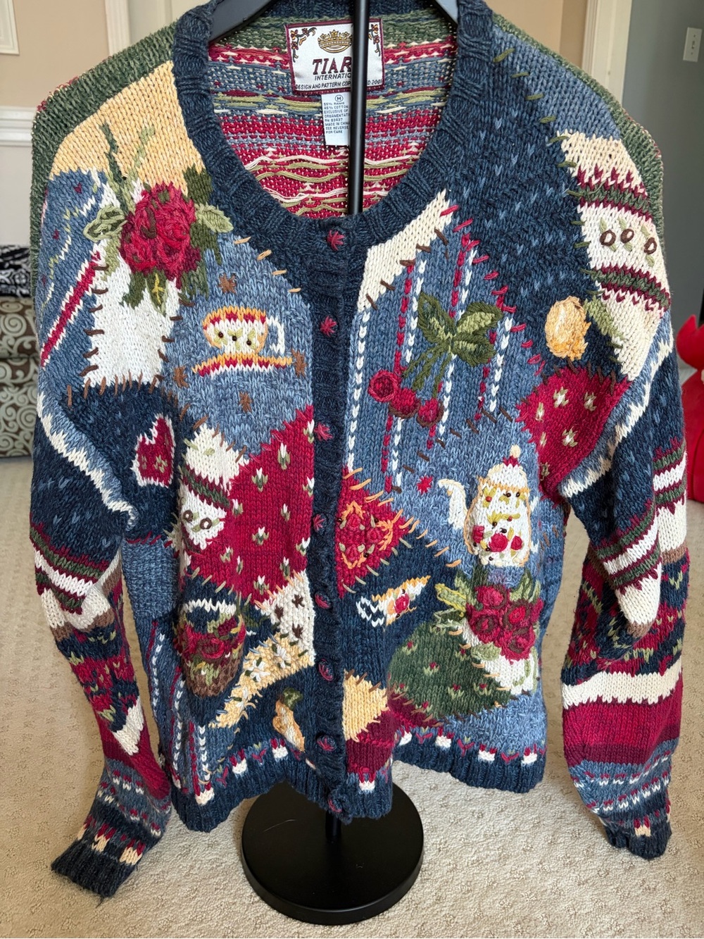 Vintage Tiara Int Multicolor Patchwork Knit Cardigan - Blue, Red & Cream Floral